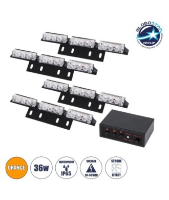 GloboStar® 85015 PRO Series ΣΕΤ 4 x Μπάρες Σήμανσης Οχήματος Οδικής Βοήθειας για Αυτοκίνητα & Φορτηγά 3 Προγραμμάτων Φωτισμού STROBE LED HIGH POWER 36W DC 10-30V Αδιάβροχο IP65 Πορτοκαλί Μ18 x Π4.5 x Υ3cm - 2 Χρόνια Εγγύηση